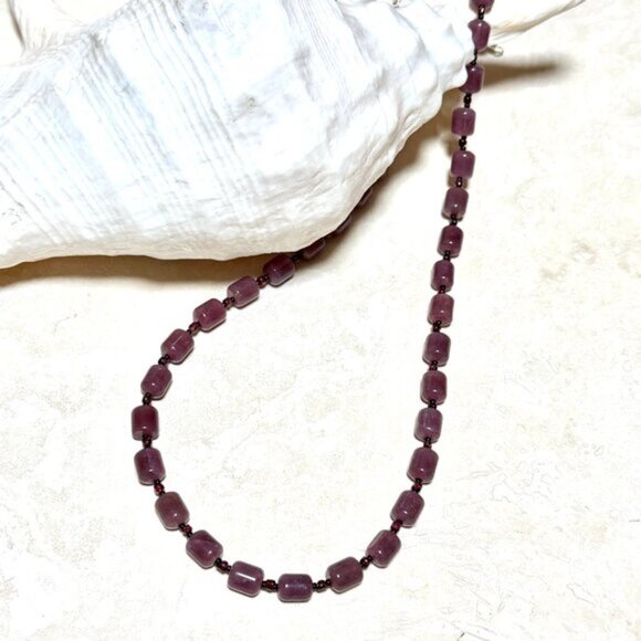 Purple Chalcedony Garnet Matinee Necklace, Genuine Gemstone Beaded Necklace - Picture 4 of 15